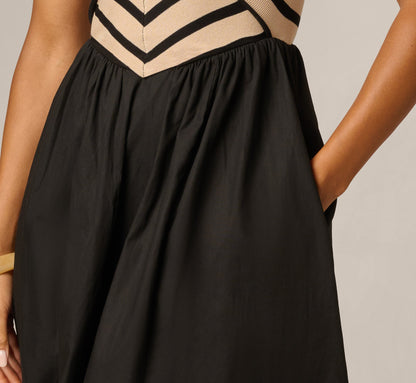 Off Shoulder Chevron Cotton Combo Midi Dress - Black Ecru | Adrianna Papell