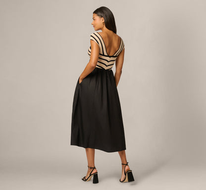 Off Shoulder Chevron Cotton Combo Midi Dress - Black Ecru | Adrianna Papell