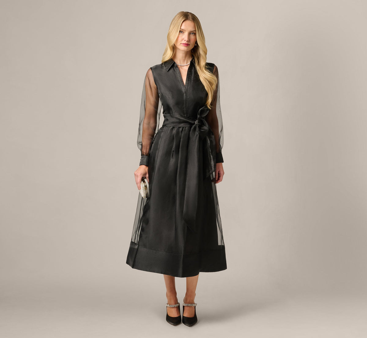 Long Sleeve Organza Collared Ankle Length Midi Dress - Black | Adrianna Papell