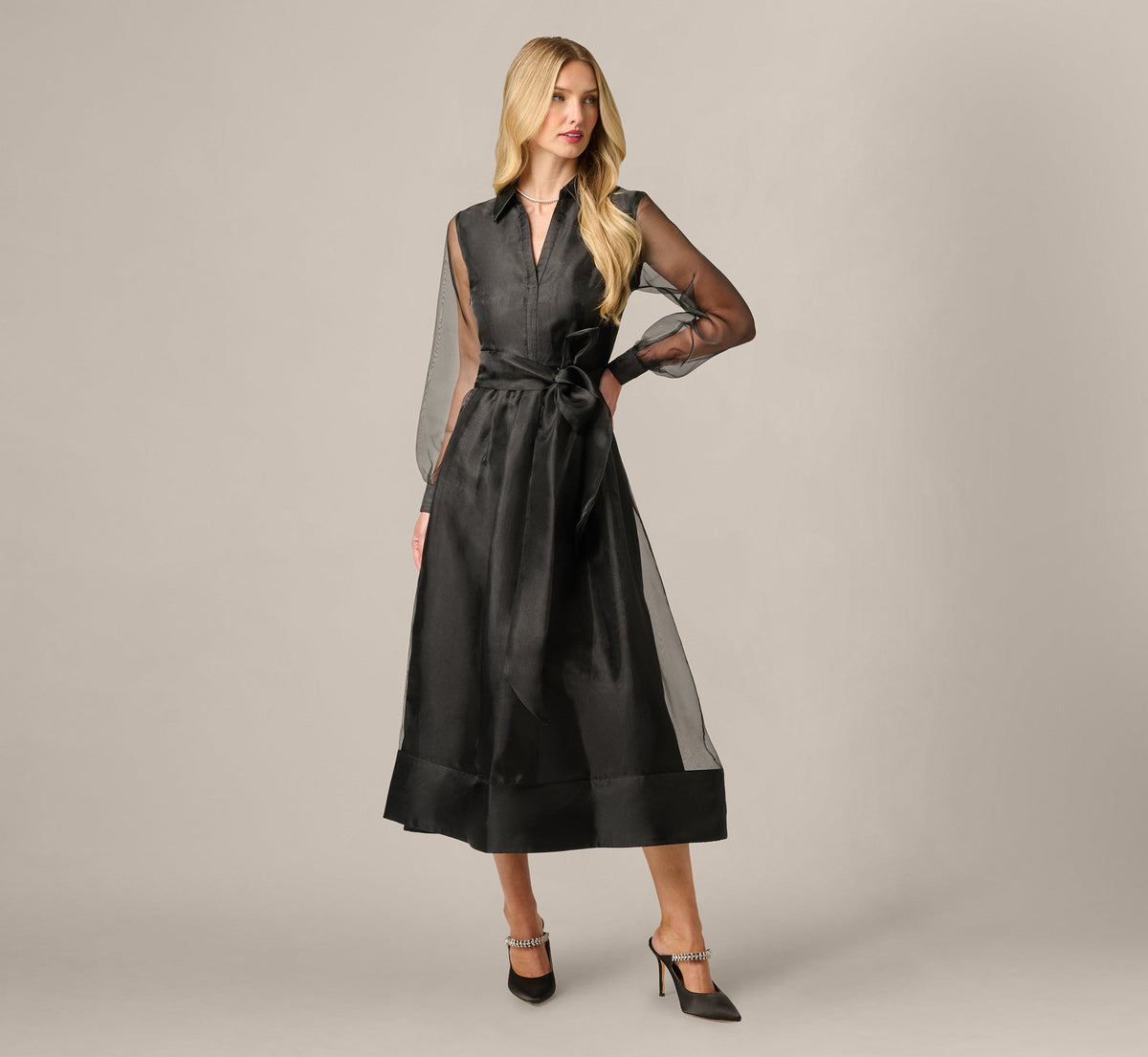 Long Sleeve Organza Collared Ankle Length Midi Dress - Black | Adrianna Papell