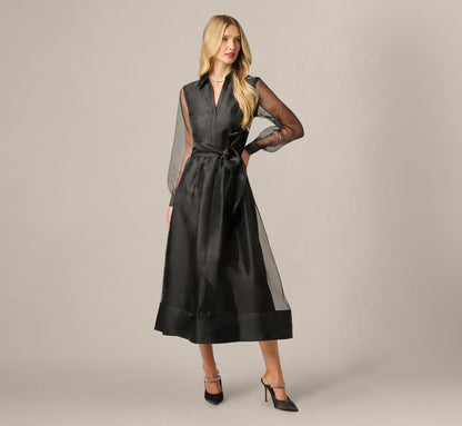Long Sleeve Organza Collared Ankle Length Midi Dress - Black | Adrianna Papell