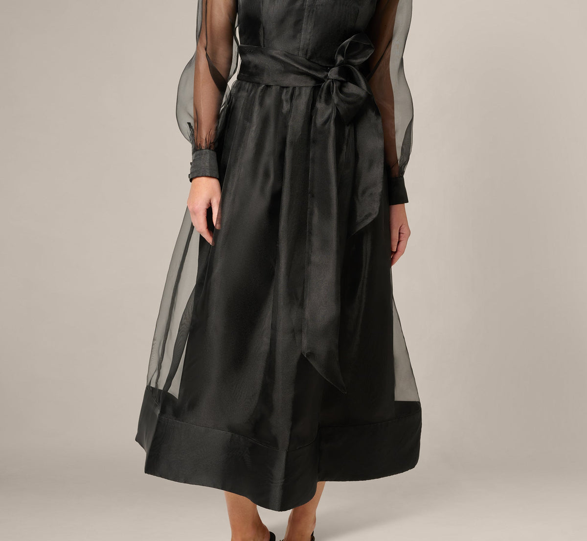 Long Sleeve Organza Collared Ankle Length Midi Dress - Black | Adrianna Papell