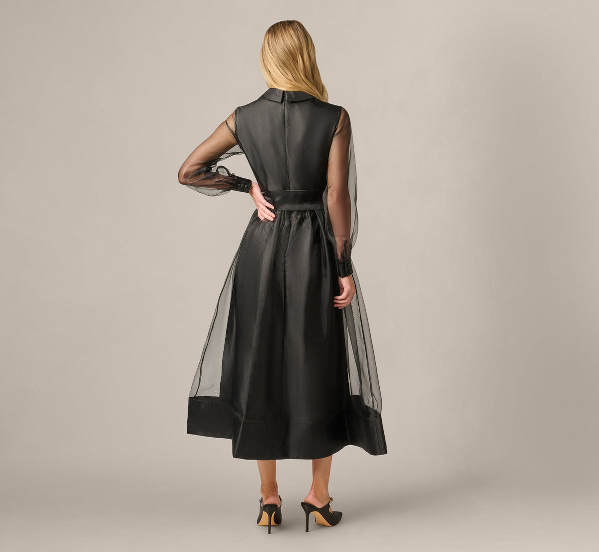 Long Sleeve Organza Collared Ankle Length Midi Dress - Black | Adrianna Papell
