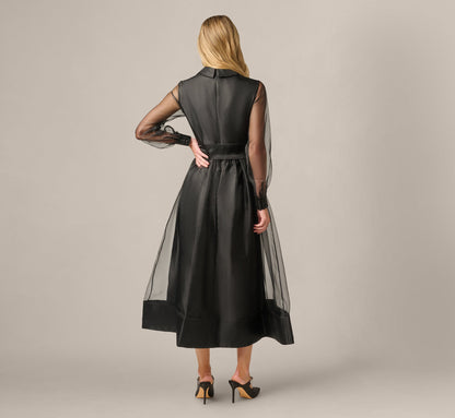 Long Sleeve Organza Collared Ankle Length Midi Dress - Black | Adrianna Papell