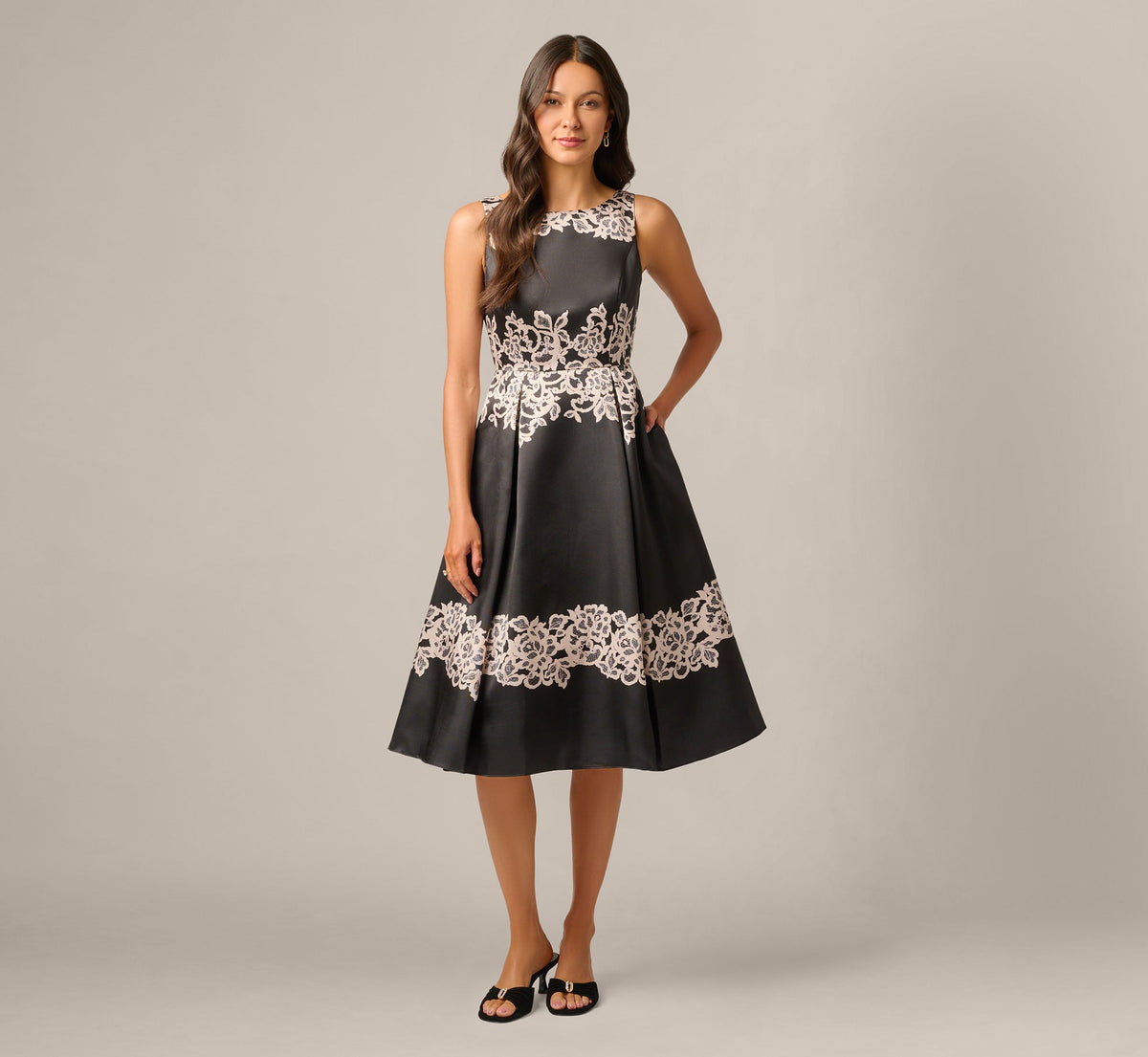 Lace Print Fit And Flare Midi Dress - Black Ecru | Adrianna Papell