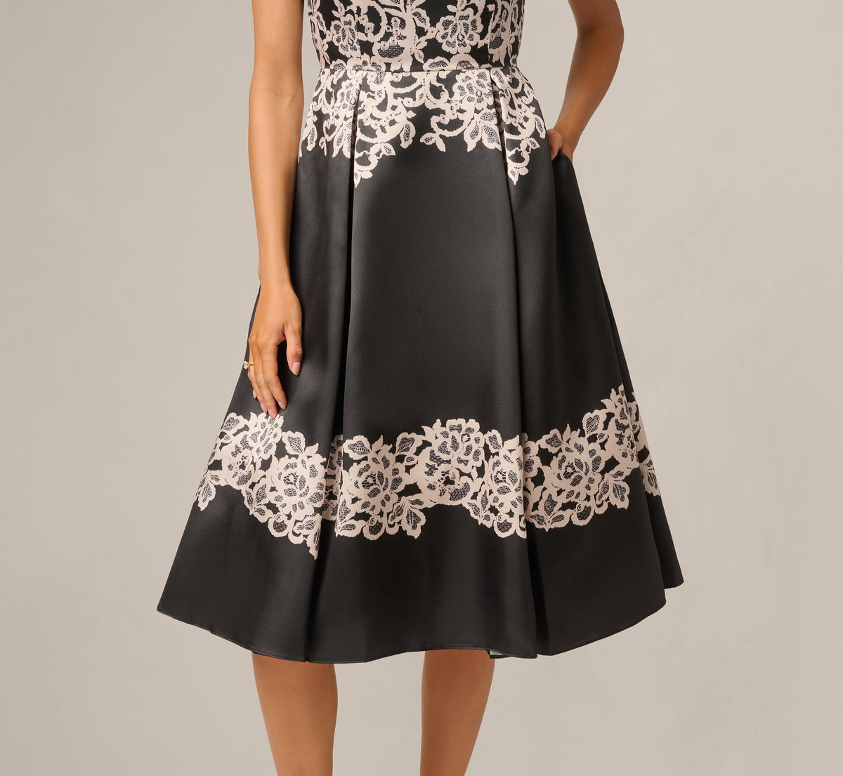 Lace Print Fit And Flare Midi Dress - Black Ecru | Adrianna Papell