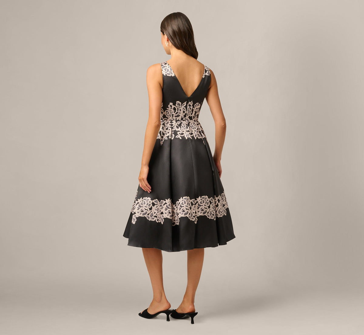 Lace Print Fit And Flare Midi Dress - Black Ecru | Adrianna Papell