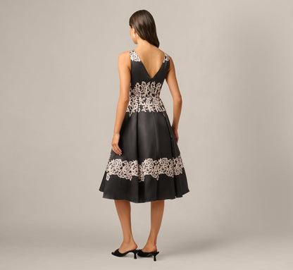 Lace Print Fit And Flare Midi Dress - Black Ecru | Adrianna Papell