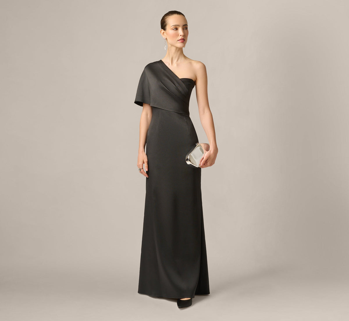 Draped One Shoulder Stretch Mikado Mermaid Gown - Black | Adrianna Papell