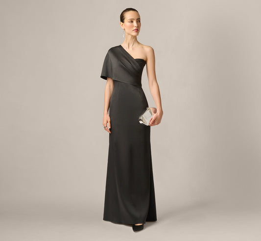Draped One Shoulder Stretch Mikado Mermaid Gown - Black | Adrianna Papell