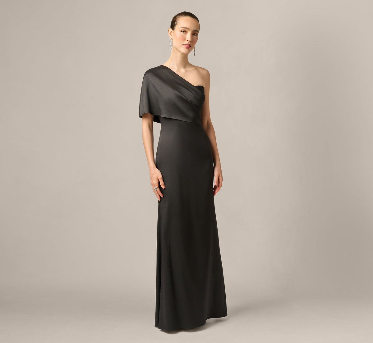 Draped One Shoulder Stretch Mikado Mermaid Gown - Black | Adrianna Papell