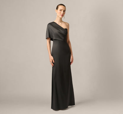 Draped One Shoulder Stretch Mikado Mermaid Gown - Black | Adrianna Papell
