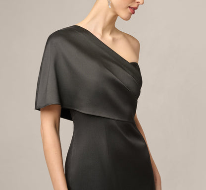 Draped One Shoulder Stretch Mikado Mermaid Gown - Black | Adrianna Papell