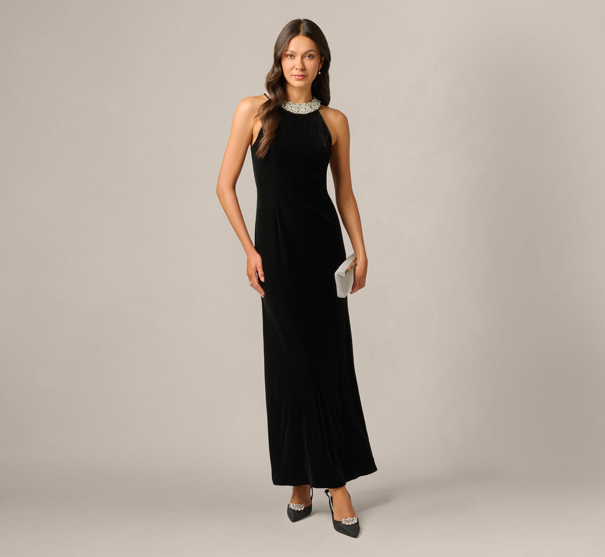 Pearly Collar Velvet Halter Gown - Black | Adrianna Papell