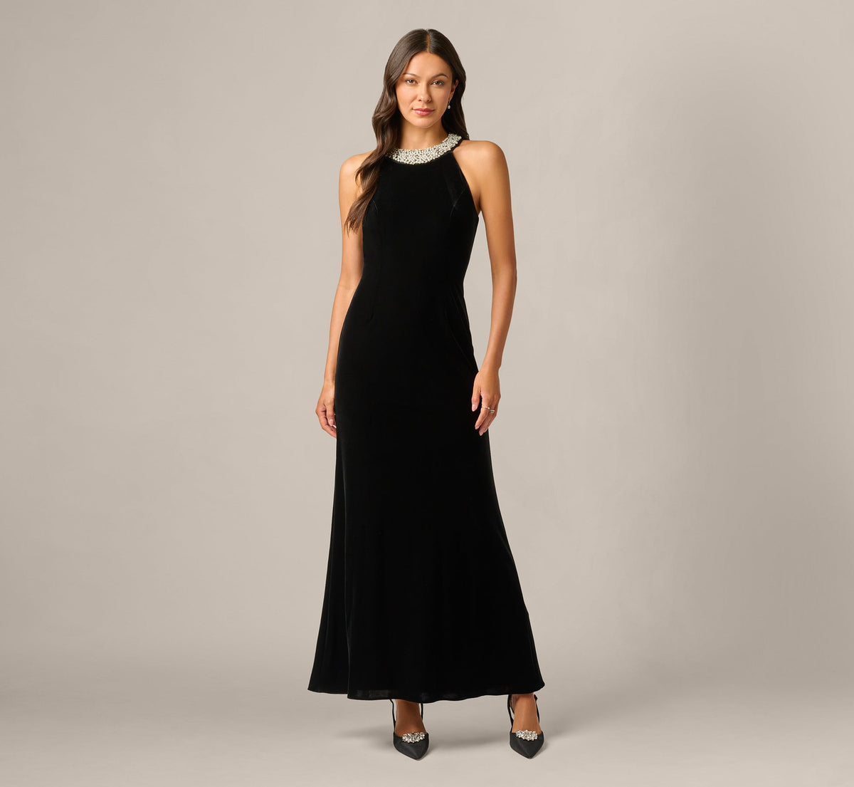 Pearly Collar Velvet Halter Gown - Black | Adrianna Papell