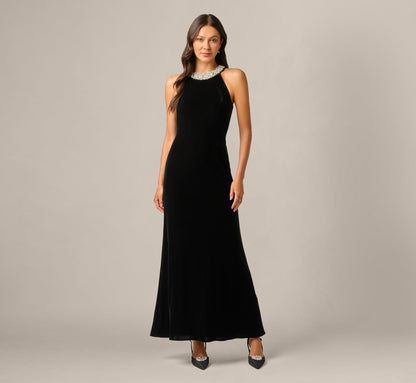 Pearly Collar Velvet Halter Gown - Black | Adrianna Papell