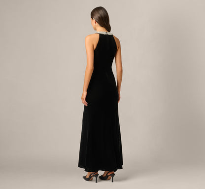 Pearly Collar Velvet Halter Gown - Black | Adrianna Papell