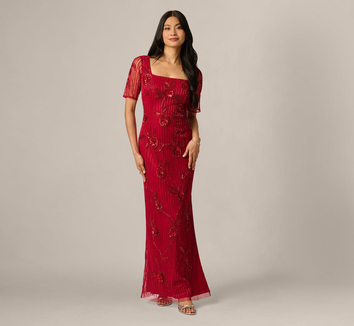 Short Sleeve Linear Floral Beaded Column Gown - Cranberry | Adrianna Papell