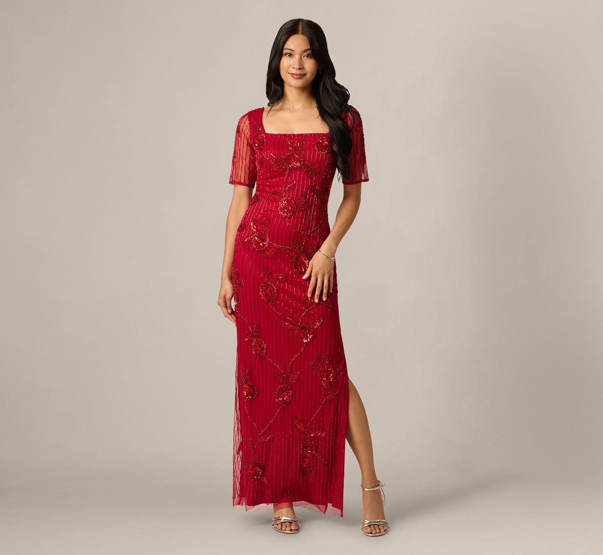 Short Sleeve Linear Floral Beaded Column Gown - Cranberry | Adrianna Papell