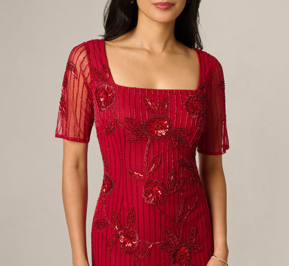Short Sleeve Linear Floral Beaded Column Gown - Cranberry | Adrianna Papell