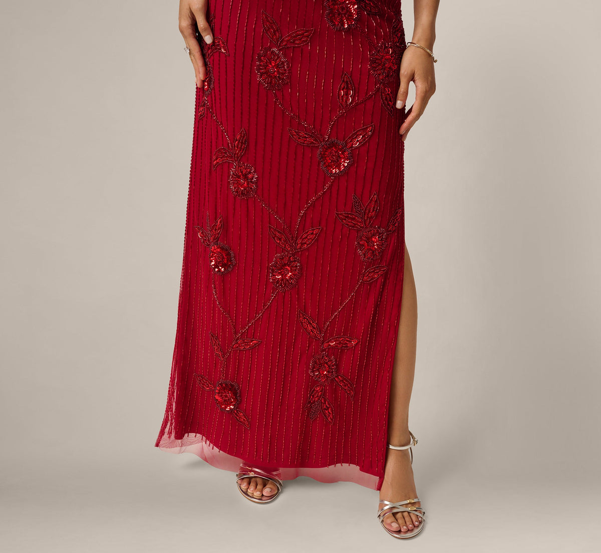 Short Sleeve Linear Floral Beaded Column Gown - Cranberry | Adrianna Papell