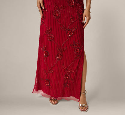Short Sleeve Linear Floral Beaded Column Gown - Cranberry | Adrianna Papell