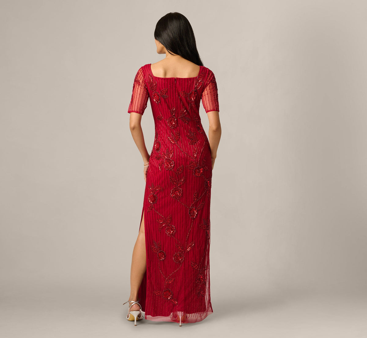 Short Sleeve Linear Floral Beaded Column Gown - Cranberry | Adrianna Papell