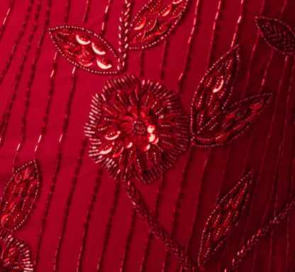 Short Sleeve Linear Floral Beaded Column Gown - Cranberry | Adrianna Papell