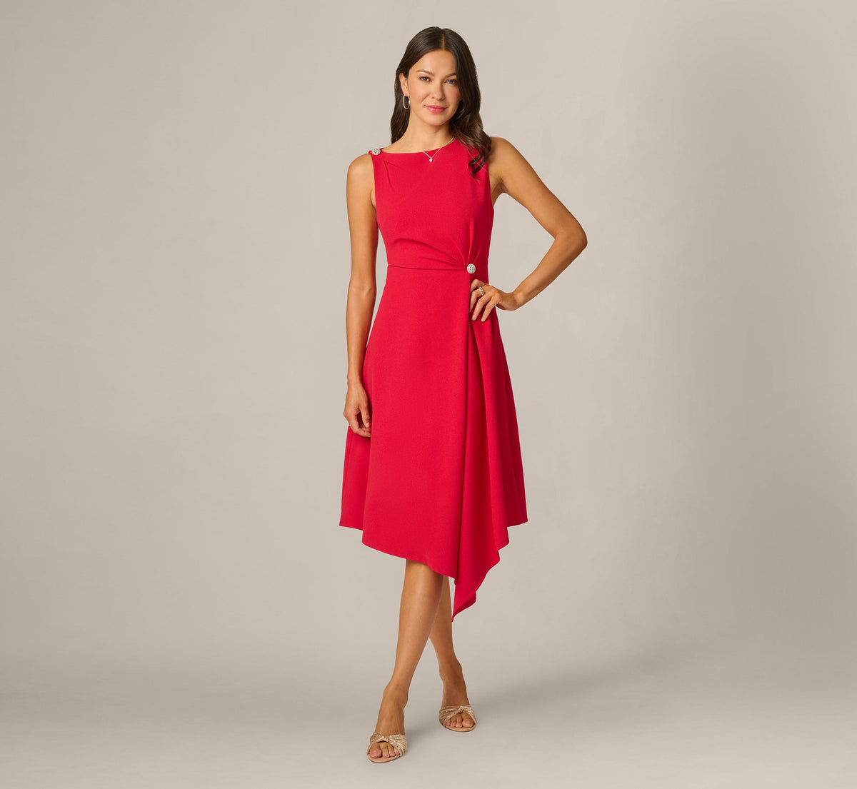Asymmetrical Brooch Draped Midi Dress - Red | Adrianna Papell
