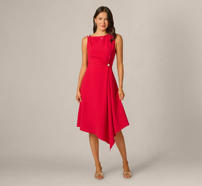 Asymmetrical Brooch Draped Midi Dress - Red | Adrianna Papell