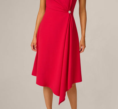 Asymmetrical Brooch Draped Midi Dress - Red | Adrianna Papell