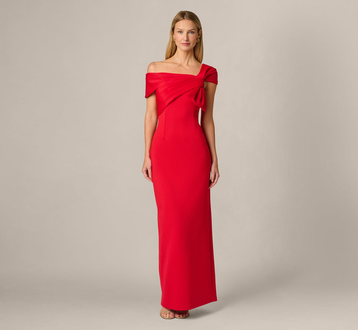 Origami Bow Shoulder Stretch Column Gown - Super Red | Adrianna Papell