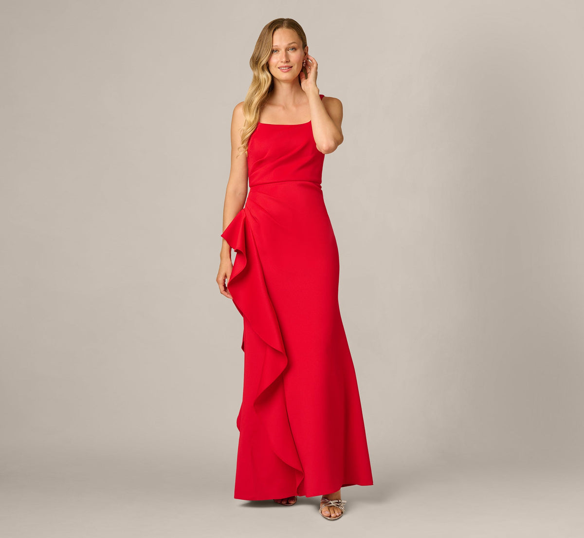 Square Neck Draped Flounce Stretch Gown - Super Red | Adrianna Papell