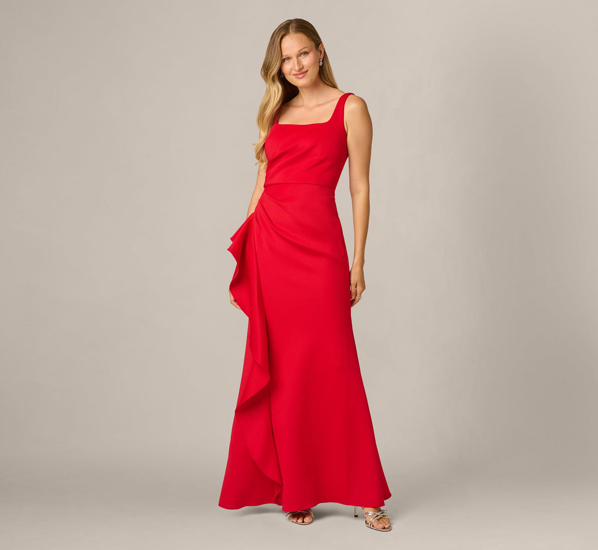 Square Neck Draped Flounce Stretch Gown - Super Red | Adrianna Papell