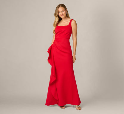 Square Neck Draped Flounce Stretch Gown - Super Red | Adrianna Papell