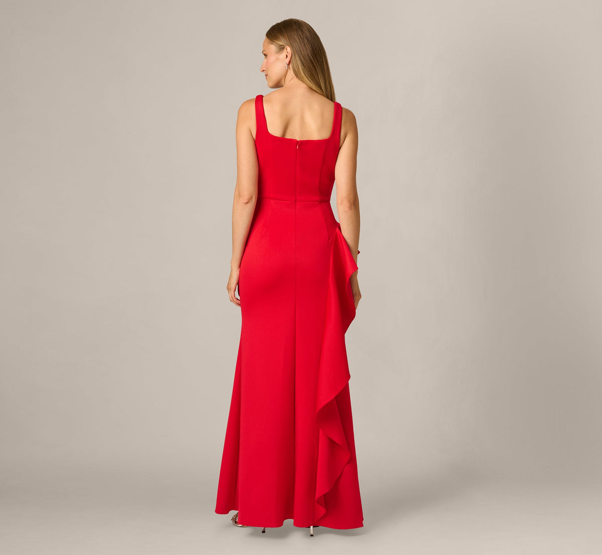 Square Neck Draped Flounce Stretch Gown - Super Red | Adrianna Papell