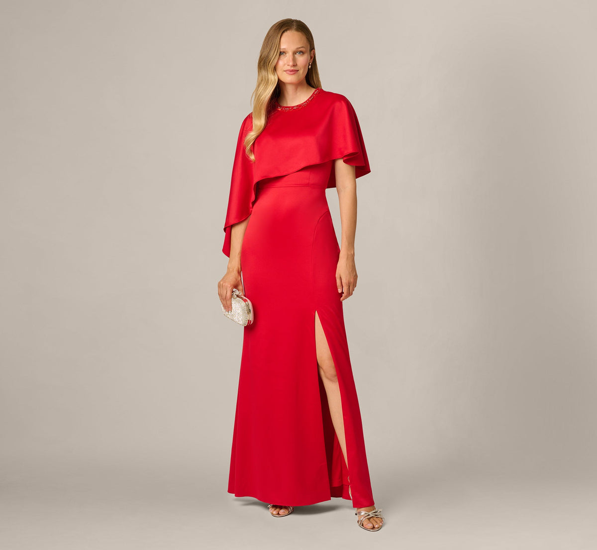 Satin Beaded Collar Asymmetrical Cape Gown - Red | Adrianna Papell