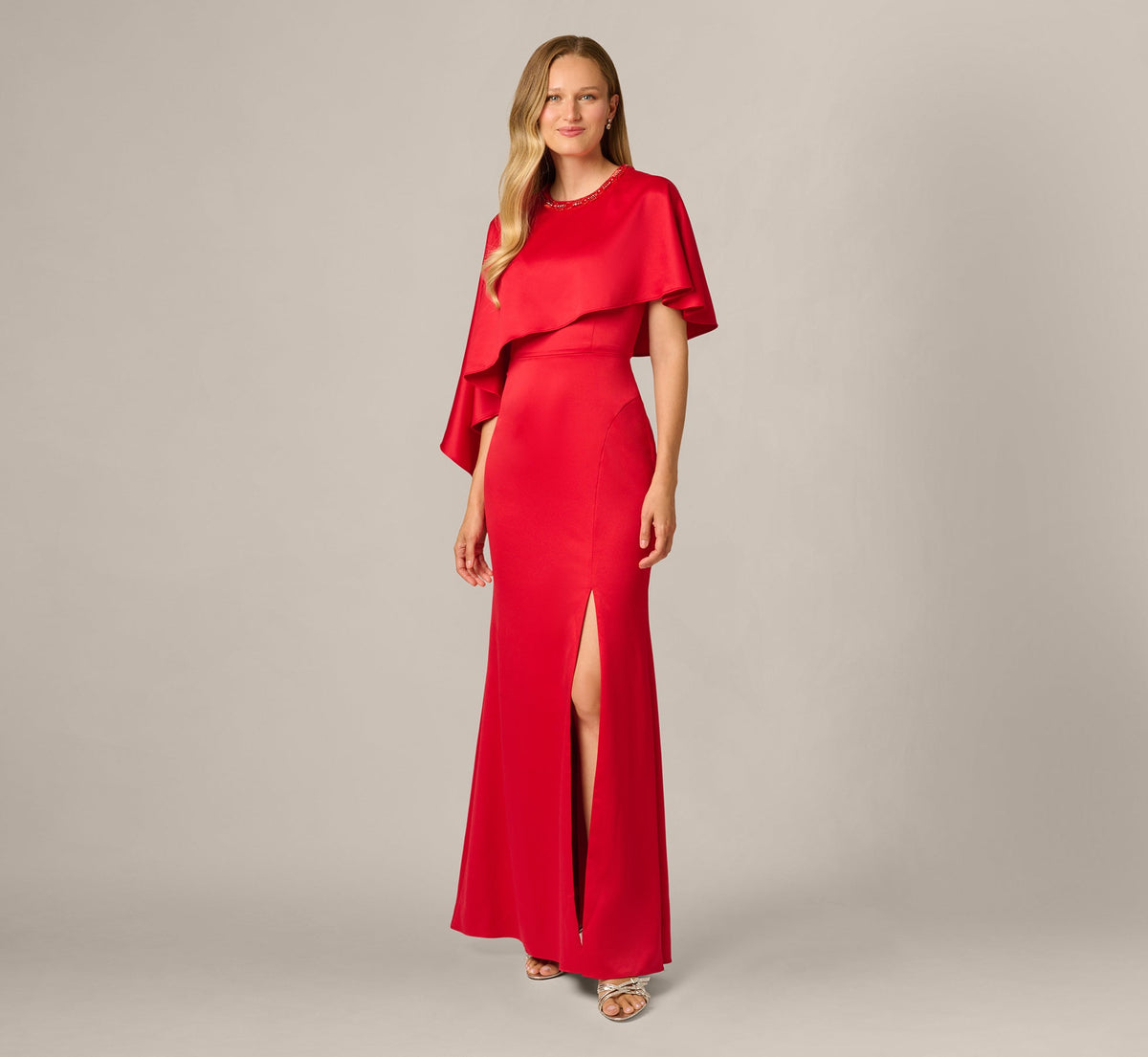 Satin Beaded Collar Asymmetrical Cape Gown - Red | Adrianna Papell
