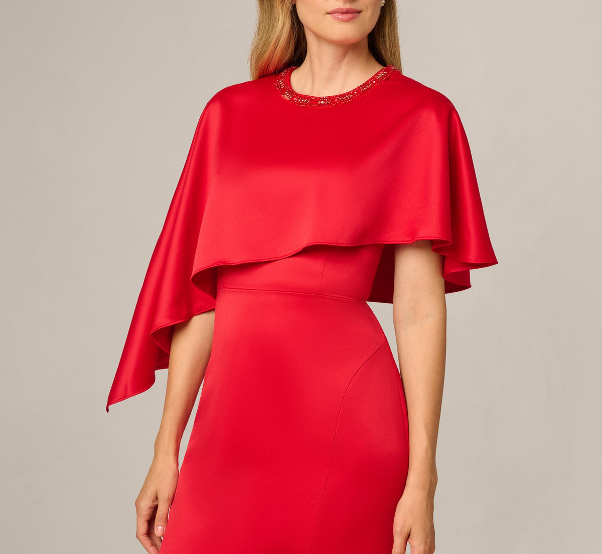 Satin Beaded Collar Asymmetrical Cape Gown - Red | Adrianna Papell