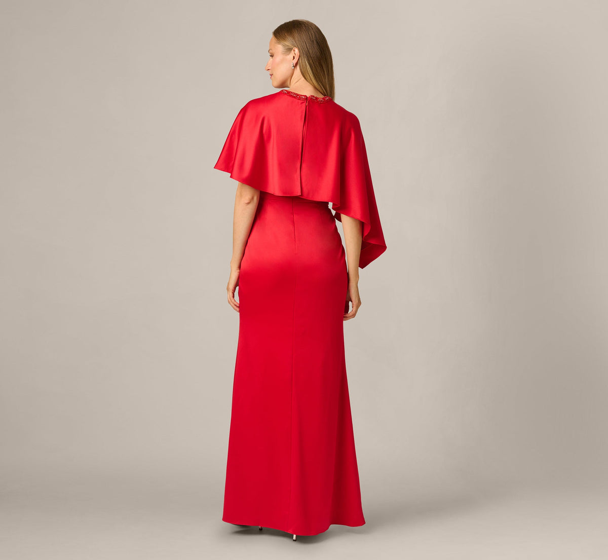 Satin Beaded Collar Asymmetrical Cape Gown - Red | Adrianna Papell