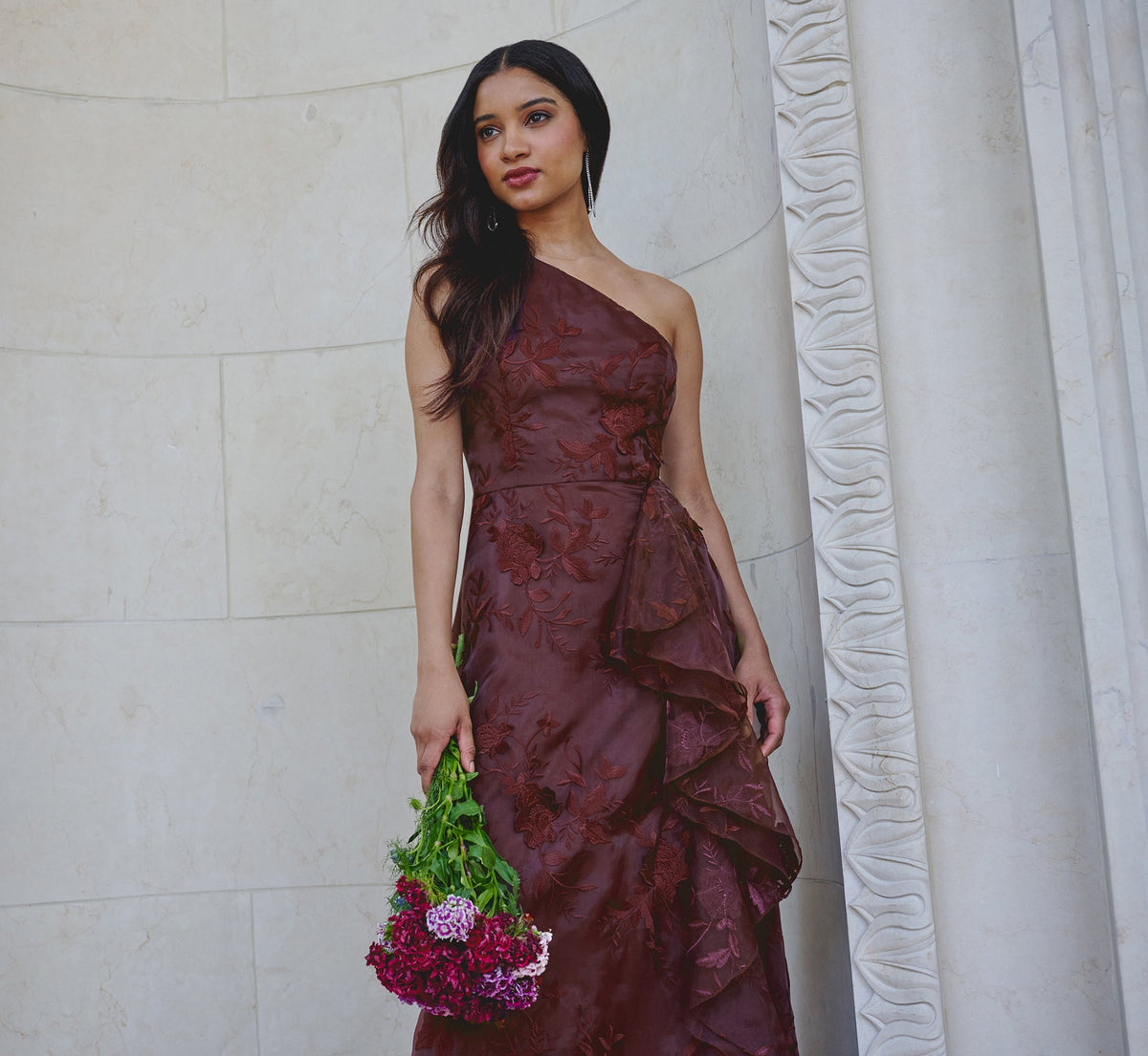 One Shoulder Floral Embroidered Gown - Raisin | Adrianna Papell