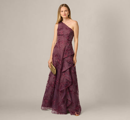 One Shoulder Floral Embroidered Gown - Raisin | Adrianna Papell