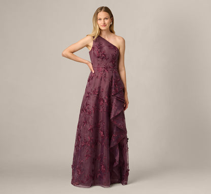 One Shoulder Floral Embroidered Gown - Raisin | Adrianna Papell