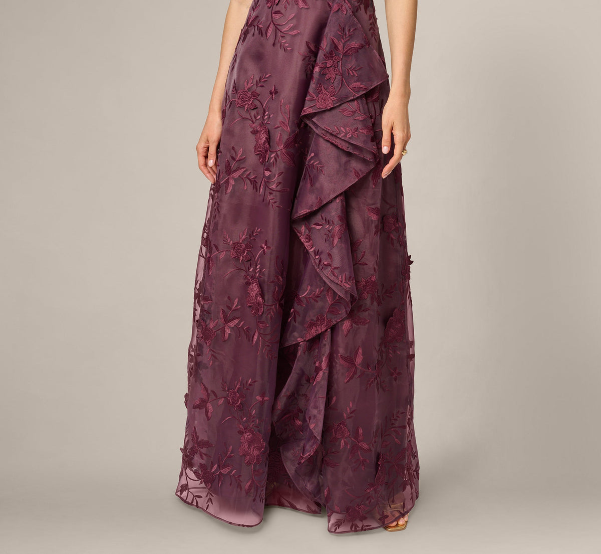 One Shoulder Floral Embroidered Gown - Raisin | Adrianna Papell