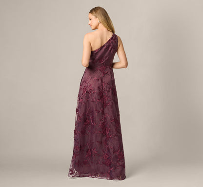 One Shoulder Floral Embroidered Gown - Raisin | Adrianna Papell