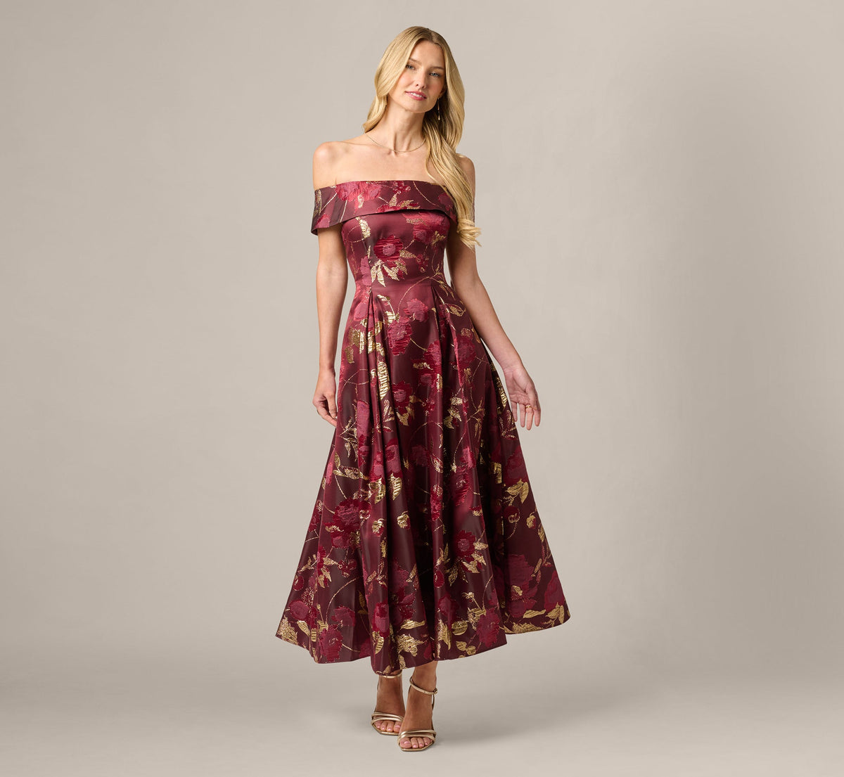 Off Shoulder Metallic Jacquard Midi Dress - Burgundy Gold | Adrianna Papell