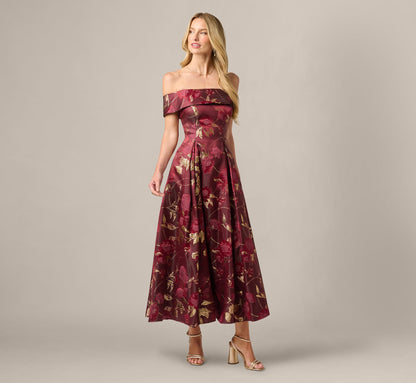 Off Shoulder Metallic Jacquard Midi Dress - Burgundy Gold | Adrianna Papell