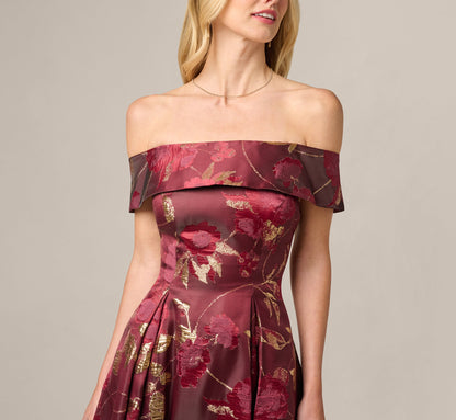 Off Shoulder Metallic Jacquard Midi Dress - Burgundy Gold | Adrianna Papell