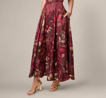 Off Shoulder Metallic Jacquard Midi Dress - Burgundy Gold | Adrianna Papell