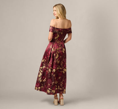 Off Shoulder Metallic Jacquard Midi Dress - Burgundy Gold | Adrianna Papell